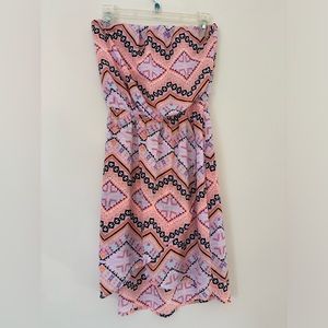Express XS Strapless High-Low Flowy Mini Dress with Elastic Waist